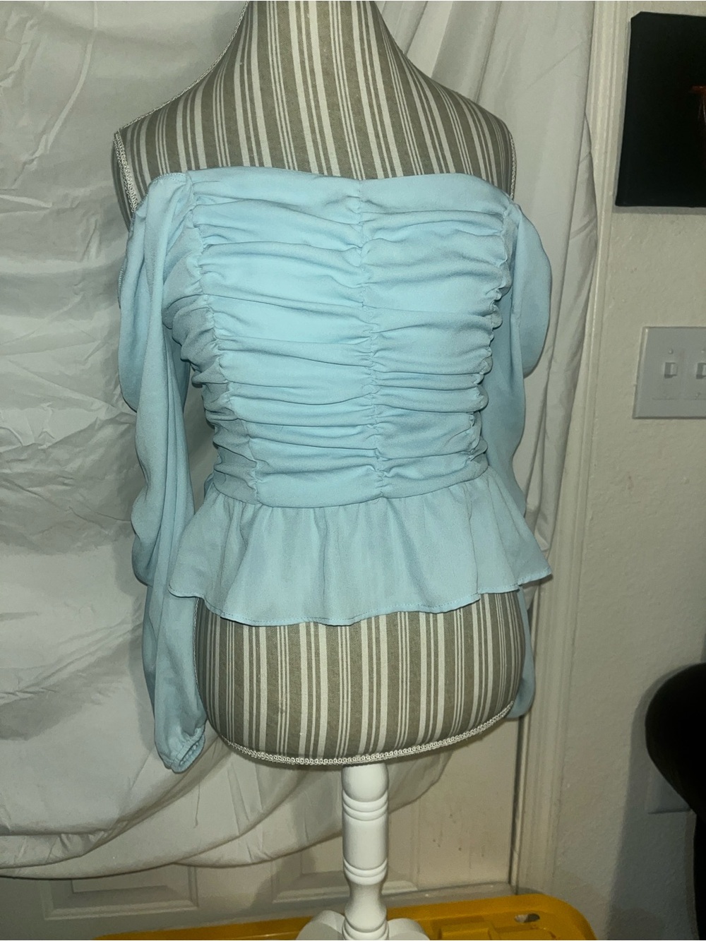 Ruched Off-Shoulder Peplum Top - Light Blue